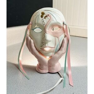 Hand Painted Mardi Gras Multicolor Ceramic Glass Mask Lamp Signed By Marie